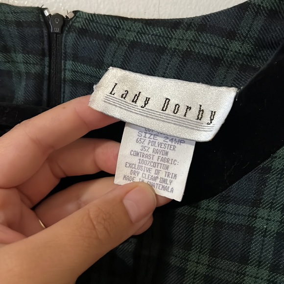 Plus size VTG Miss Dorby Dress Velvet Collar Green Navy Plaid Pleated (24WP) - Picture 3 of 10